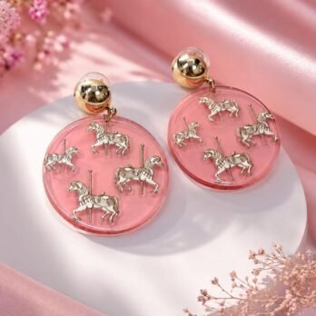 Carousel Dreams Earrings | Pink Acrylic Statement Drop Earrings | Gold Tone Earrings for Women
