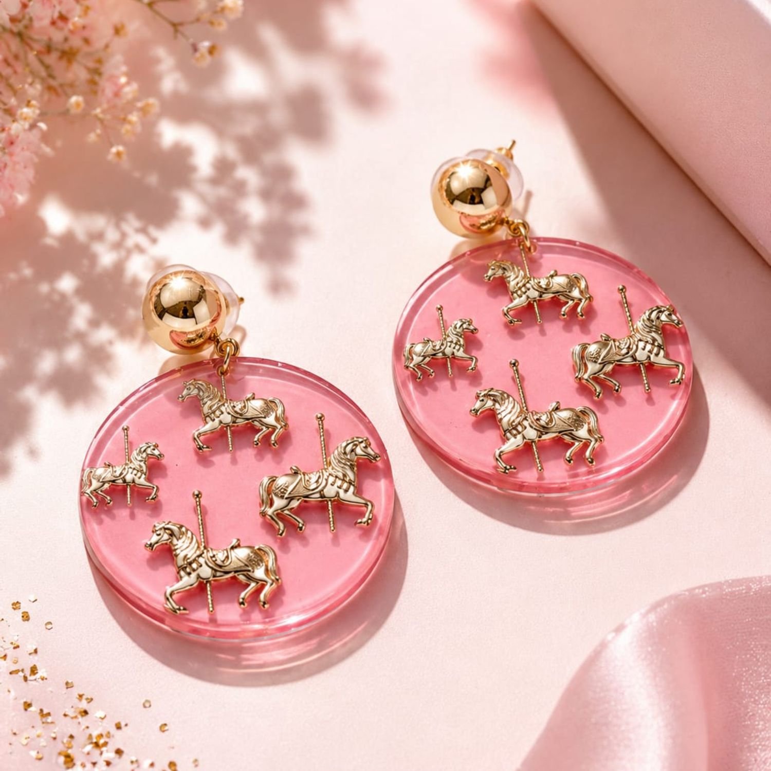 Carousel Dreams Earrings | Pink Acrylic Statement Drop Earrings | Gold Tone Earrings for Women - Image 3