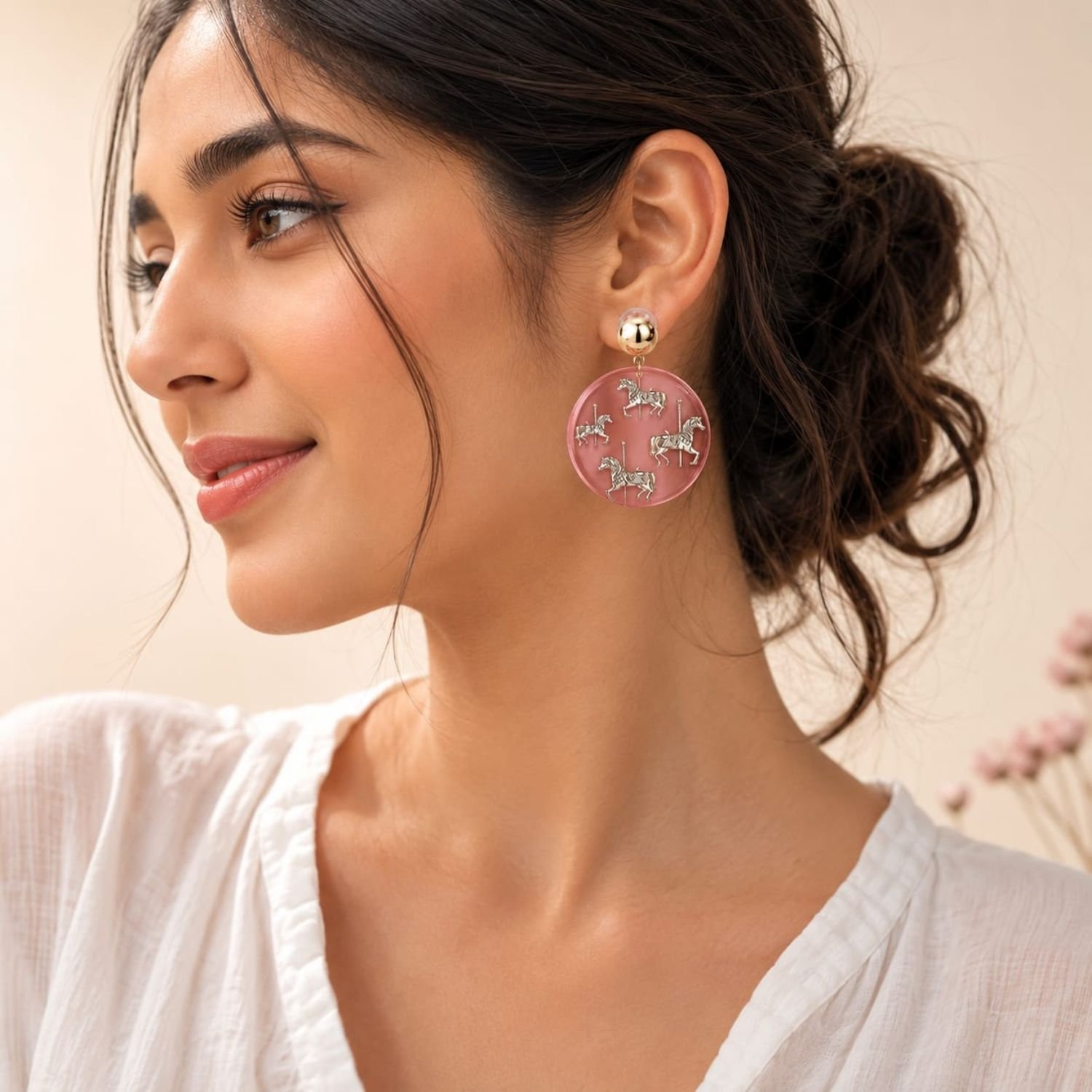 Carousel Dreams Earrings | Pink Acrylic Statement Drop Earrings | Gold Tone Earrings for Women - Image 2