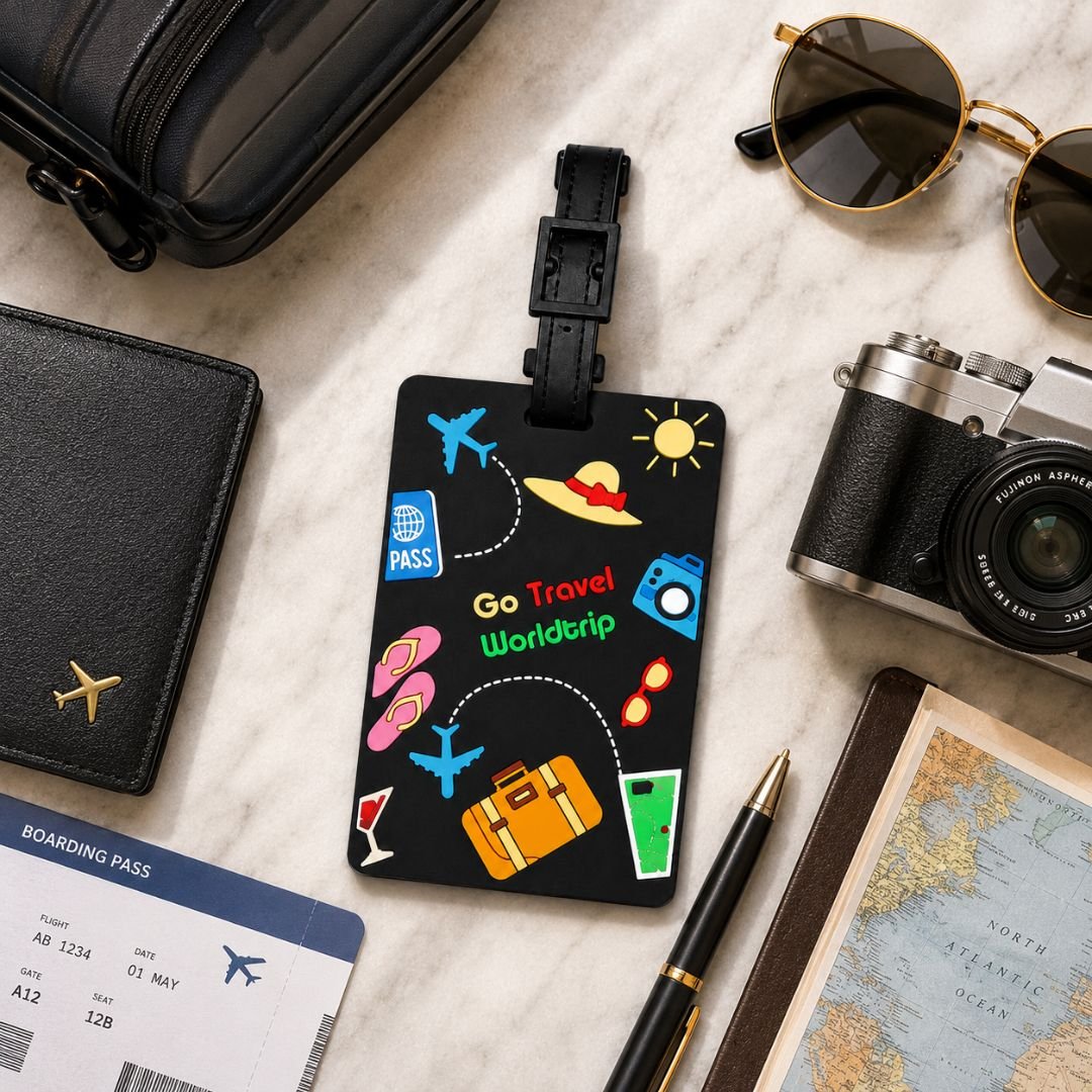 Go Travel Worldtrip silicone luggage tag measuring 10 × 17 cm attached to a suitcase with hidden personal information card on the back.