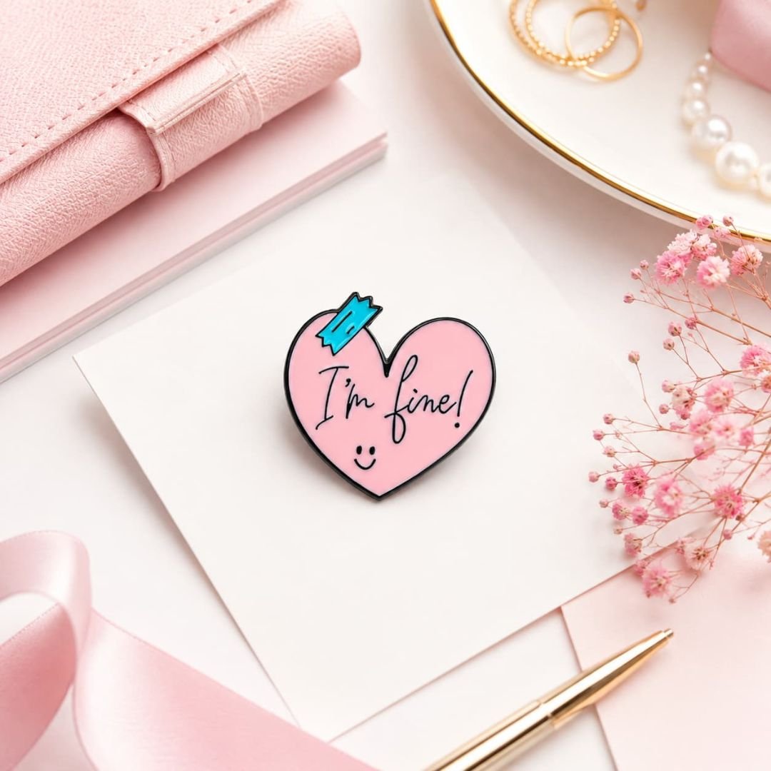 I'm Fine Heart enamel lapel pin featuring a pink heart design with a motivational message and butterfly clutch backing.