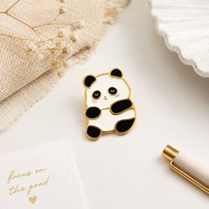 Cute Panda enamel lapel pin featuring a sleepy panda design with elegant gold-tone metal borders.