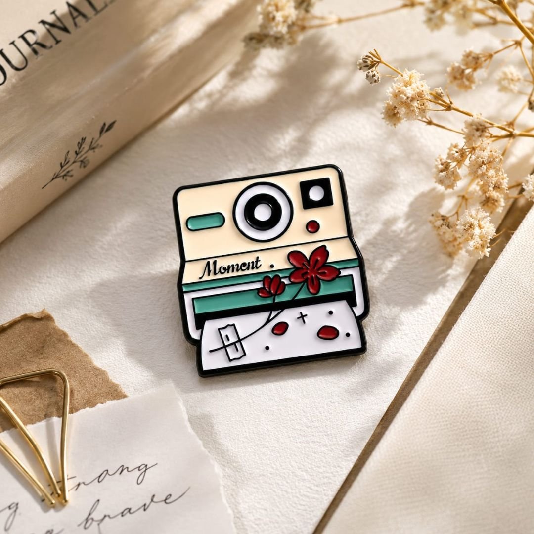 Polaroid Camera Enamel Pin featuring a vintage instant camera with floral accents.