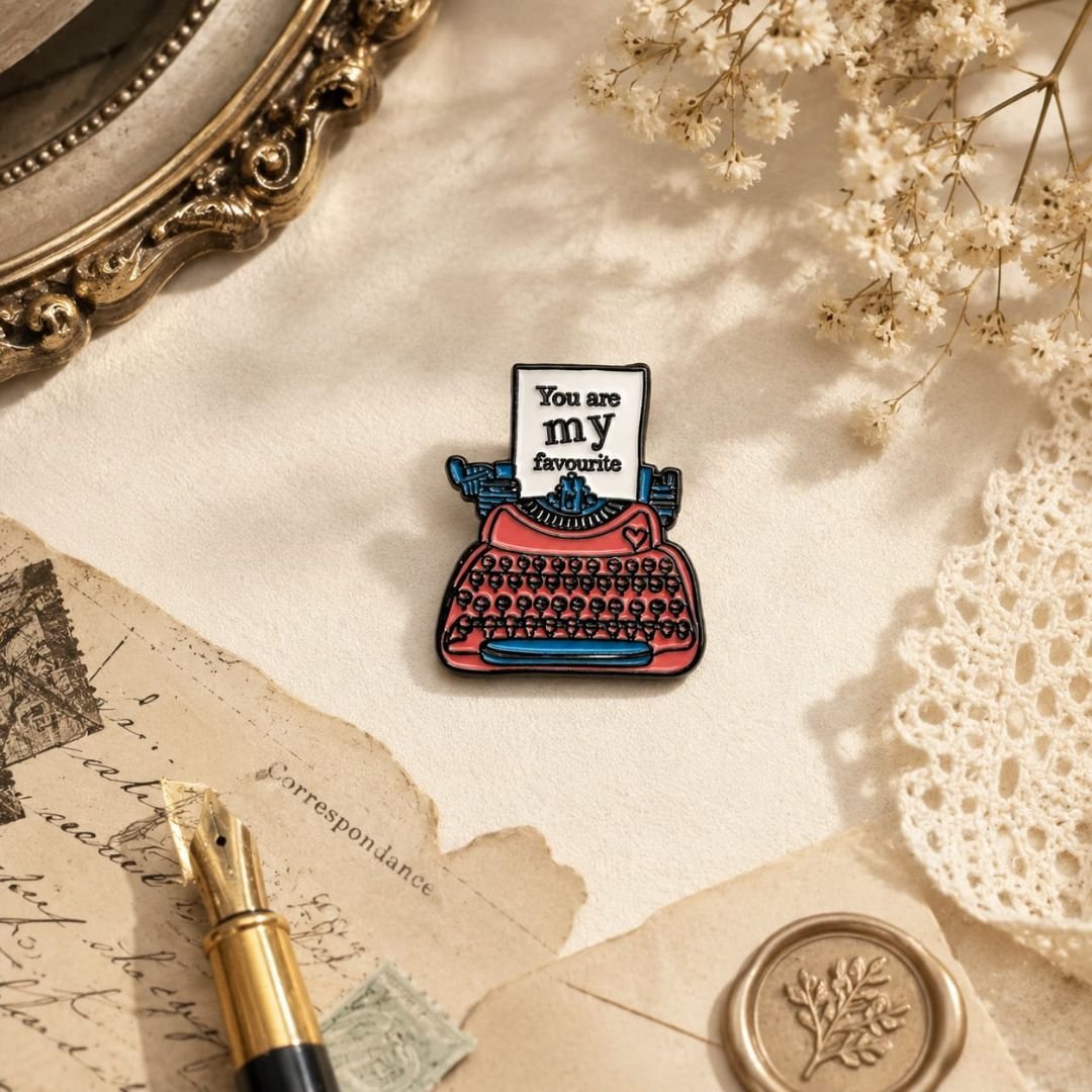 You Are My Favourite typewriter enamel lapel pin featuring a vintage typewriter design with elegant black-tone metal borders.