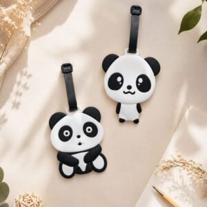 Cute Panda Silicone Luggage Tag with adjustable strap and writable personal information card.