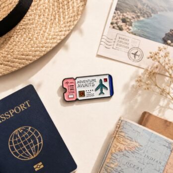 Pink & White Adventure Awaits Travel Enamel Pin – Airplane Lapel Pin