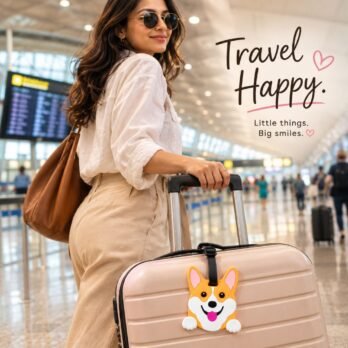 Corgi Silicone Luggage Tag – White & Tan Dog Travel Tag