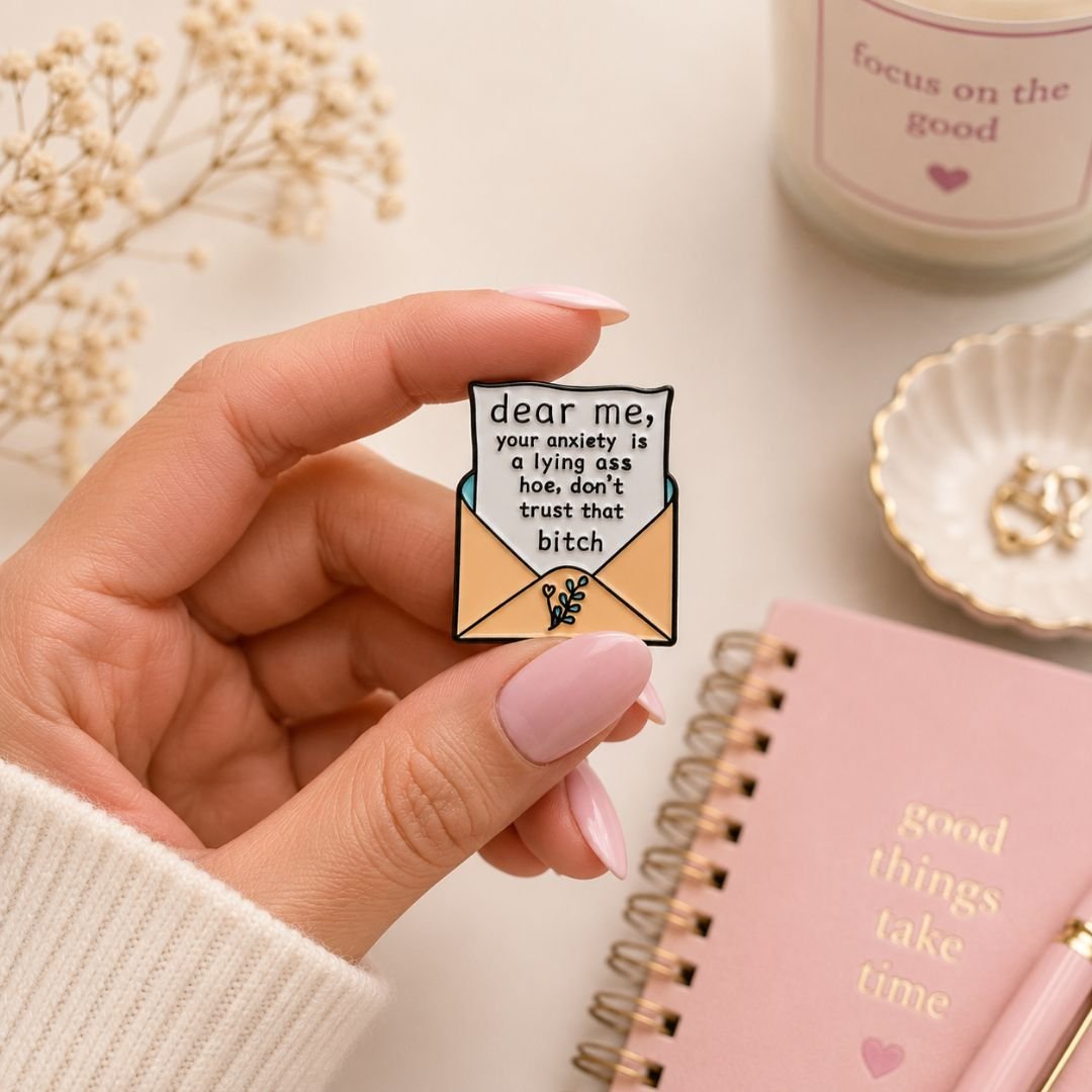Dear Me Anxiety Reminder Enamel Pin | Motivational Envelope Brooch - Image 3