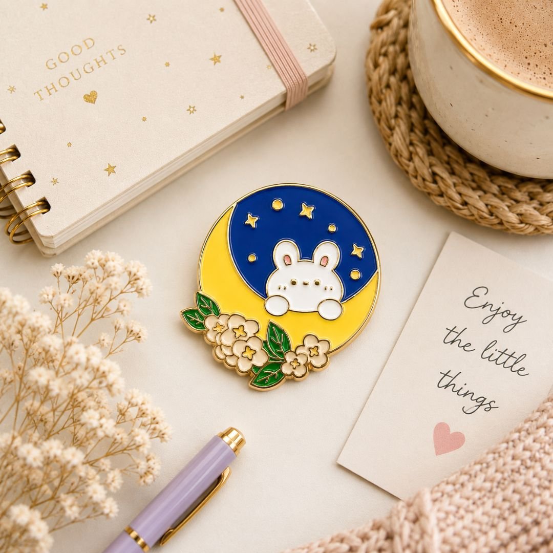 Dream Bunny Moon hard enamel lapel pin featuring a cute white rabbit resting on a crescent moon beneath a starry night sky.