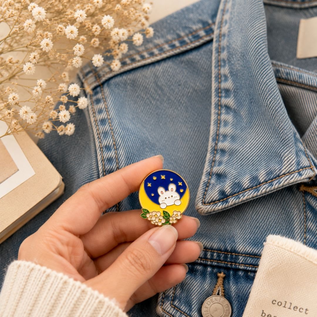 Dream Bunny Moon Enamel Lapel Pin | Cute Rabbit Hard Enamel Pin - Image 2