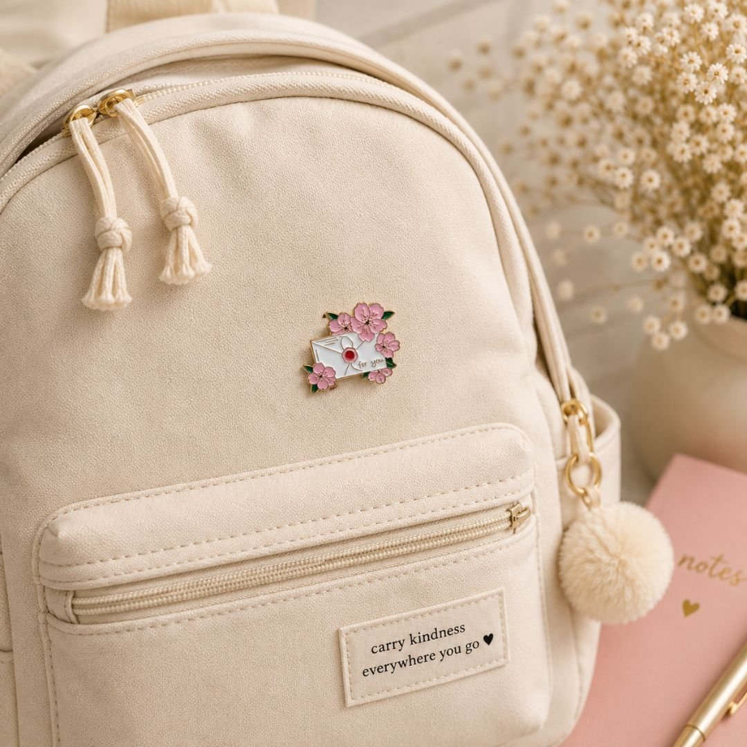 Cherry Blossom Love Letter Enamel Pin | Gold Tone Sakura Brooch - Image 2