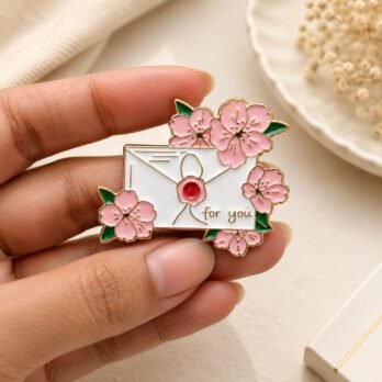 Cherry Blossom Love Letter Enamel Pin | Gold Tone Sakura Brooch
