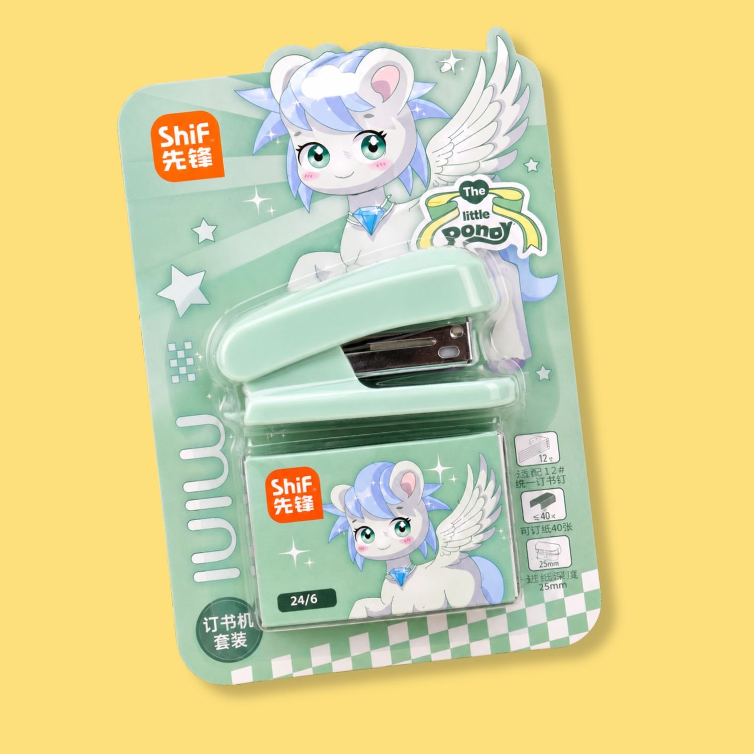 Mint green mini pony stapler with matching staples for school, office, journaling and everyday stationery use.