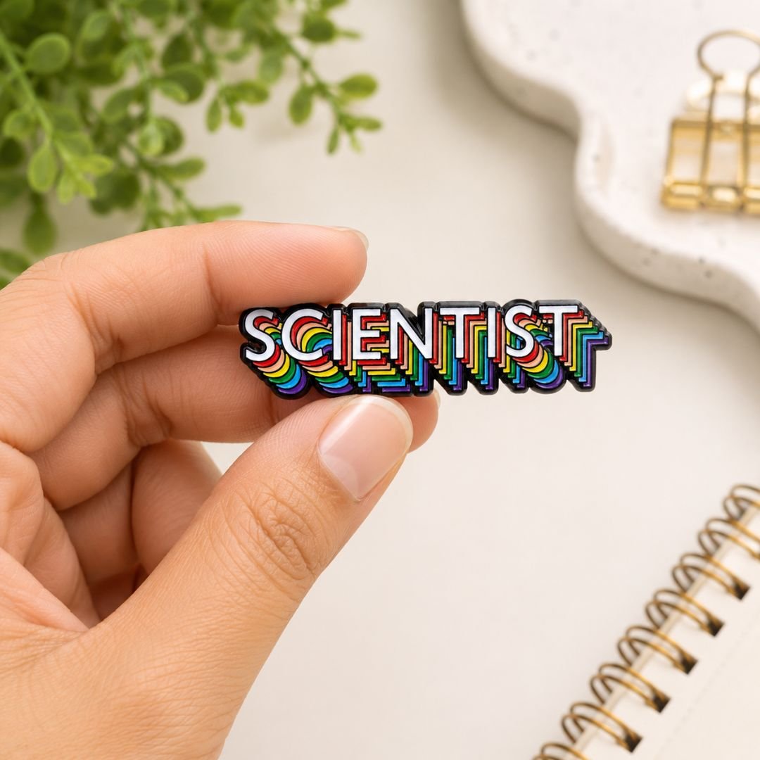 Scientist Rainbow Enamel Pin with colourful layered lettering