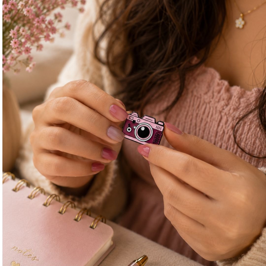 Vintage Pink Camera Enamel Lapel Pin | Cute Retro Camera Hard Enamel Pin - Image 4