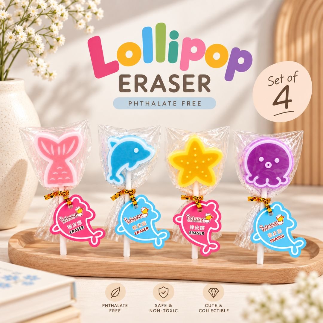 Sea Creatures Lollipop Erasers Set of 4 with mermaid dolphin starfish and octopus designs
