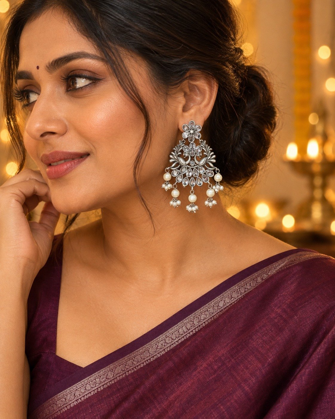 Silver floral peacock earrings styled with a deep plum saree