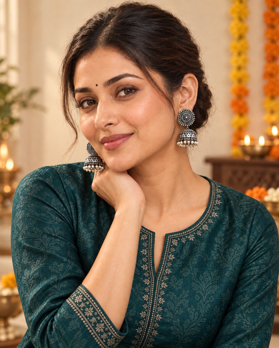 Oxidised silver jhumkas styled with a deep teal festive kurta