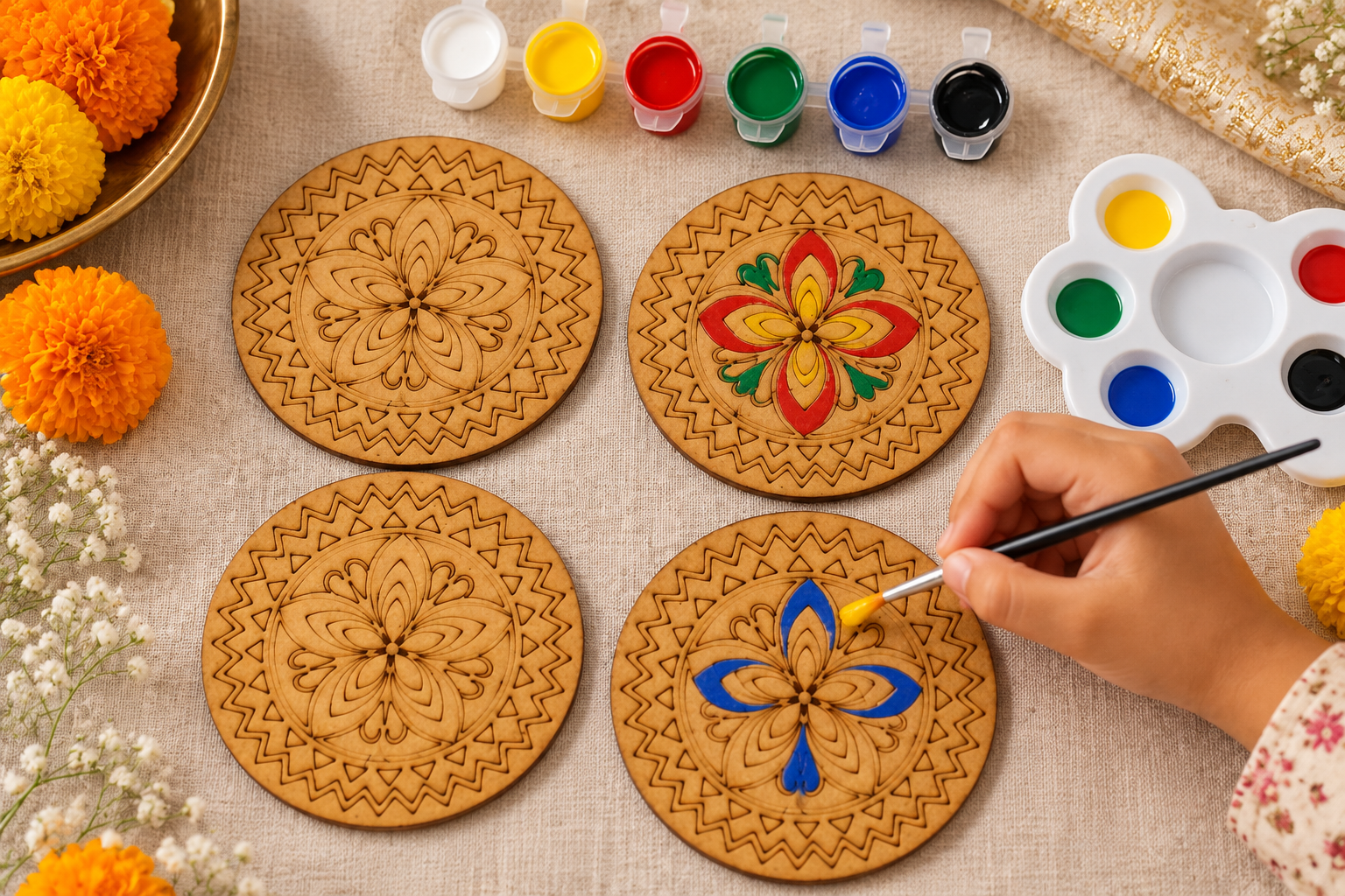 Child painting a set of mandala-pattern MDF coasters for Diwali