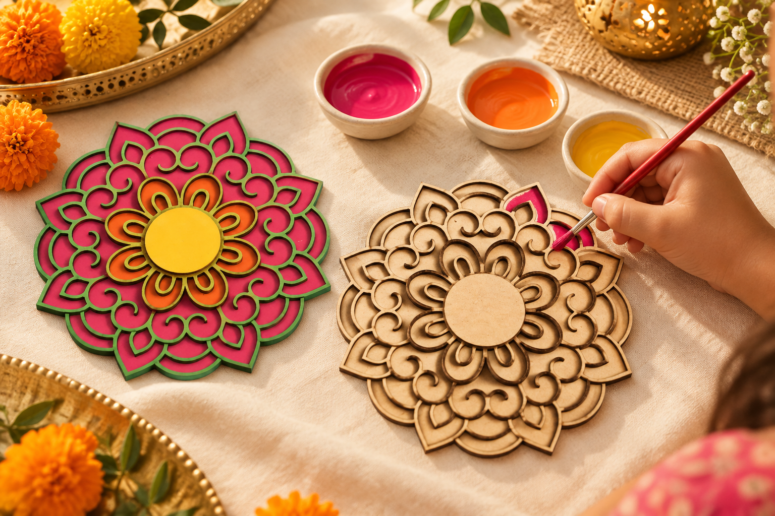 Child painting a colourful MDF rangoli and diya holder for Diwali