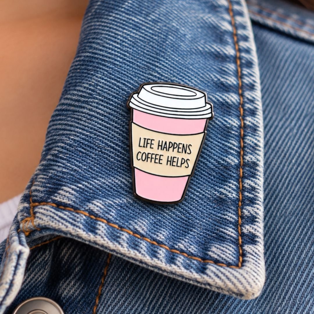 Life Happens Coffee Helps Enamel Pin – Pink Coffee Cup Pin - Image 2