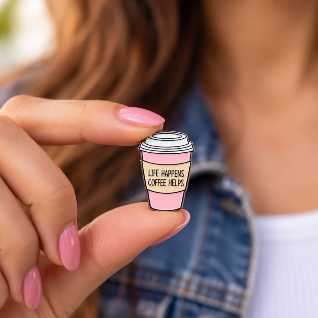 Life Happens Coffee Helps Enamel Pin – Pink Coffee Cup Pin - Image 3