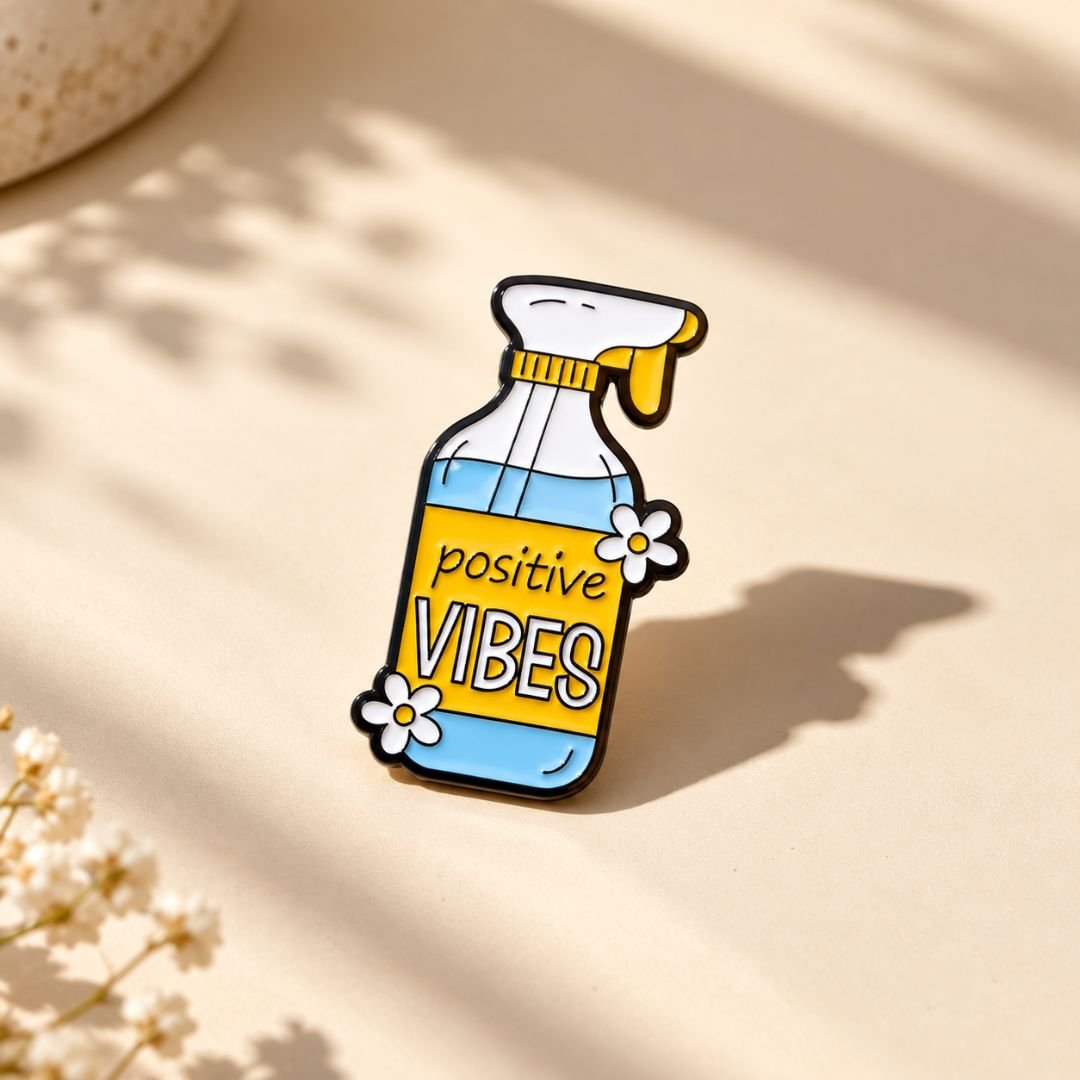 Positive Vibes blue and yellow spray bottle enamel pin