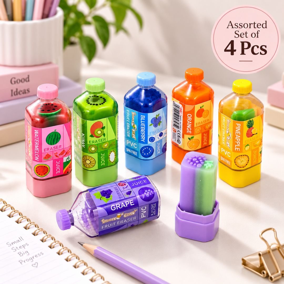 Fruit Bottle Erasers Set of 4 | Assorted Juice Bottle Shaped Erasers - Image 2