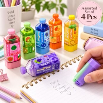 Fruit Bottle Erasers Set of 4 | Assorted Juice Bottle Shaped Erasers