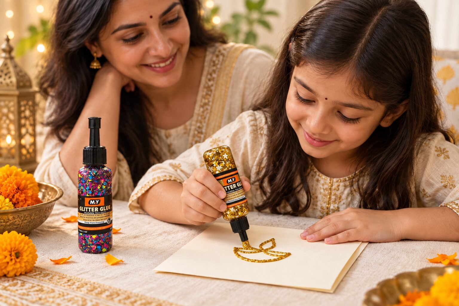 Parent and child decorating Diwali cards with gold and multicolour glitter glue