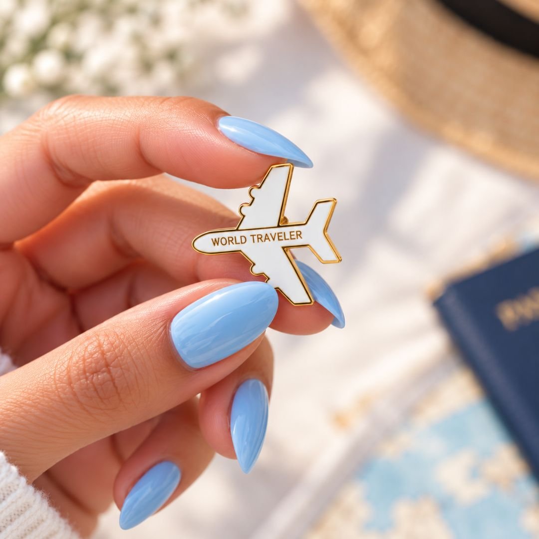 World Traveler Airplane Enamel Pin – White & Gold Travel Pin - Image 3