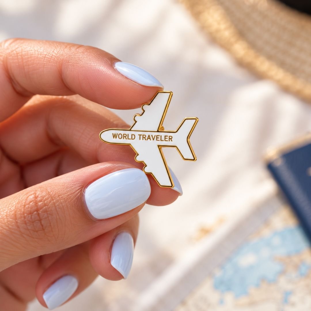 World Traveler Airplane Enamel Pin – White & Gold Travel Pin - Image 4