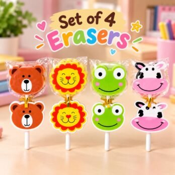 Animal Lollipop Erasers Set of 4 – Bear, Lion, Frog & Cow
