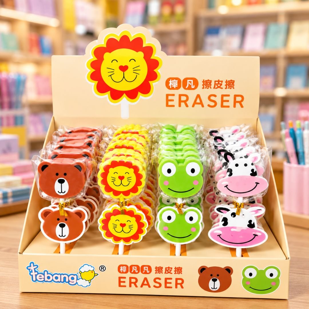 Animal Lollipop Erasers Set of 4 – Bear, Lion, Frog & Cow - Image 2
