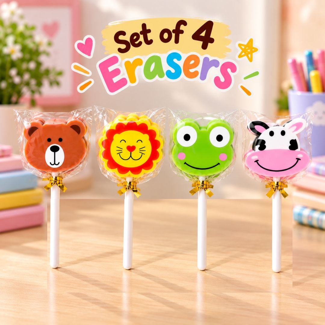 Animal Lollipop Erasers Set of 4 – Bear, Lion, Frog & Cow - Image 3