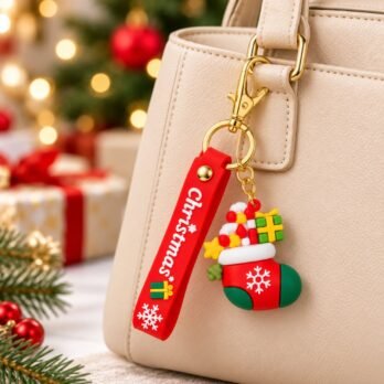 Christmas Stocking Charm Keychain with Festive Wrist Strap