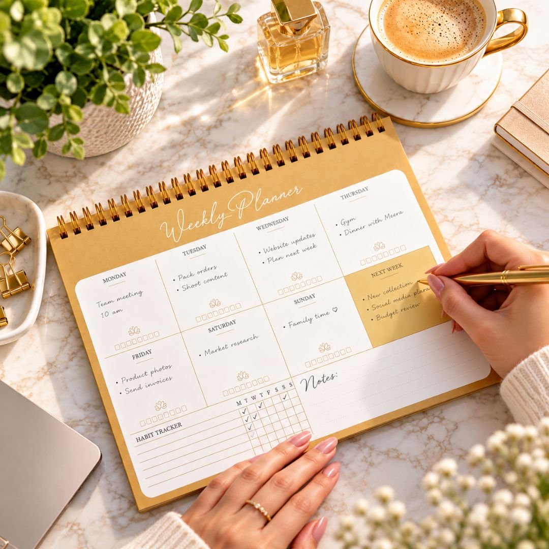 Elegant weekly planner with habit tracker and notes spiral desk planner