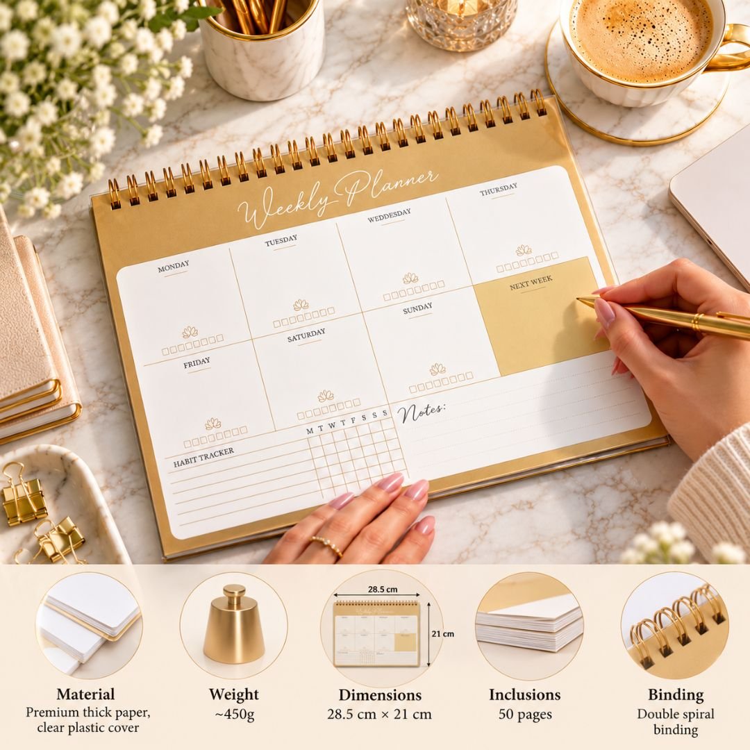 Elegant Weekly Planner – Spiral Desk Planner with Habit Tracker & Notes - Image 3