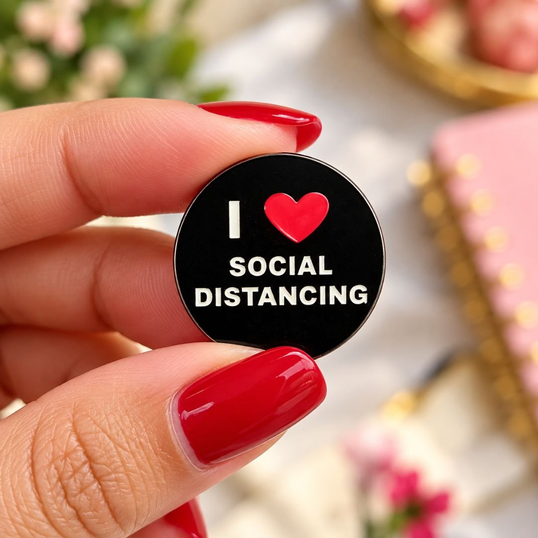I Love Social Distancing Enamel Pin black red heart