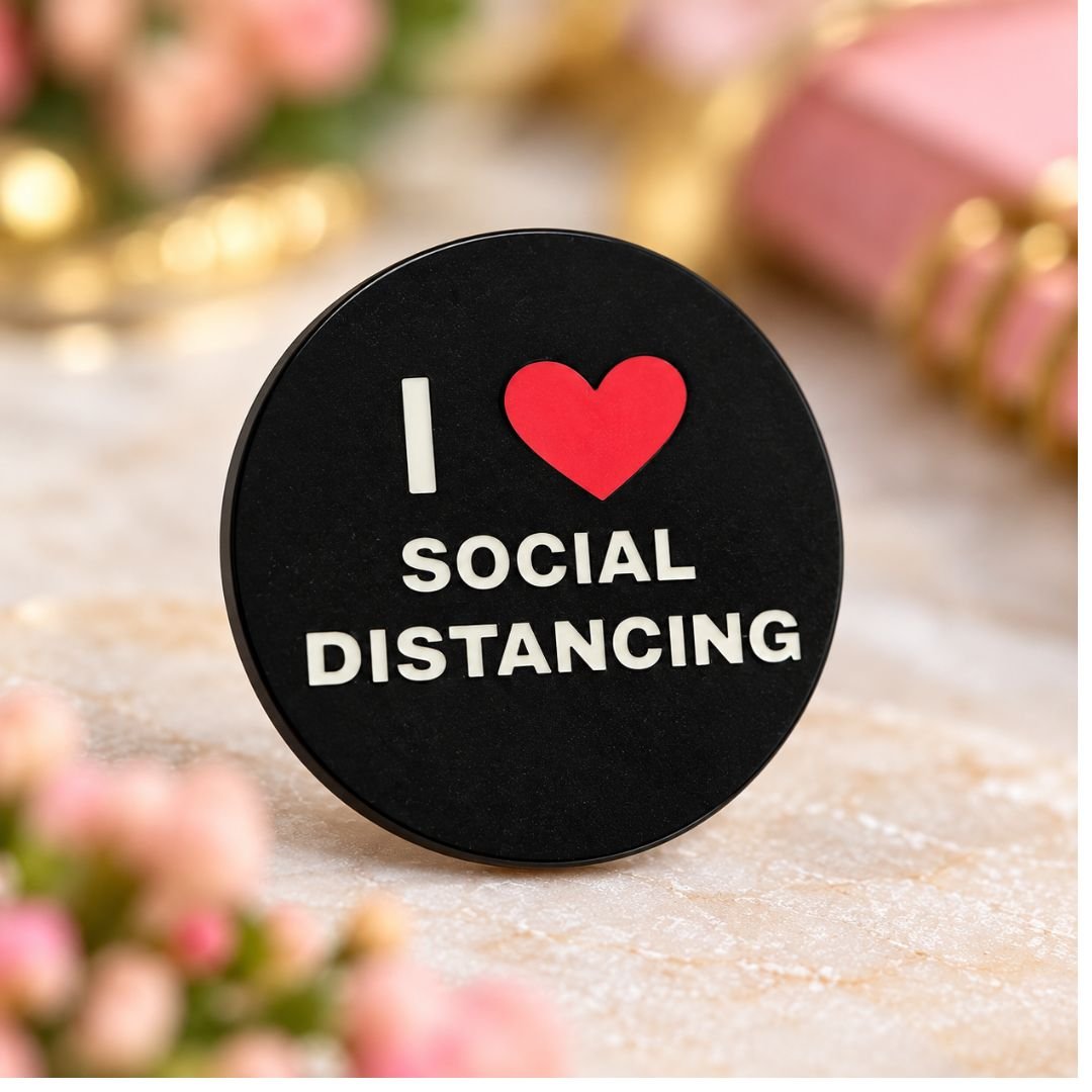 I Love Social Distancing Enamel Pin – Funny Black Statement Pin - Image 3