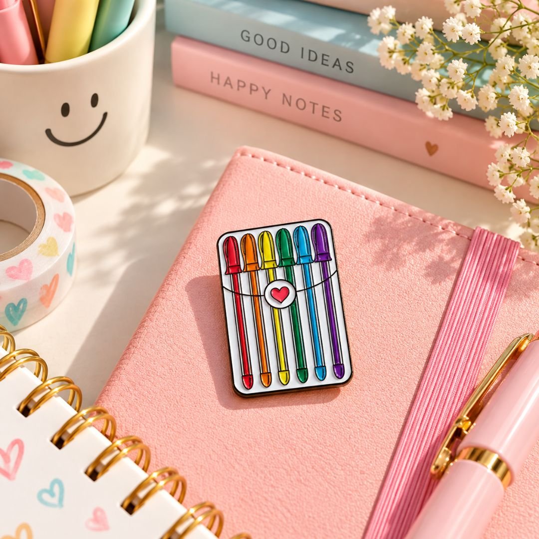 Rainbow Gel Pens Lapel Pin – Colourful Stationery Enamel Pin - Image 3