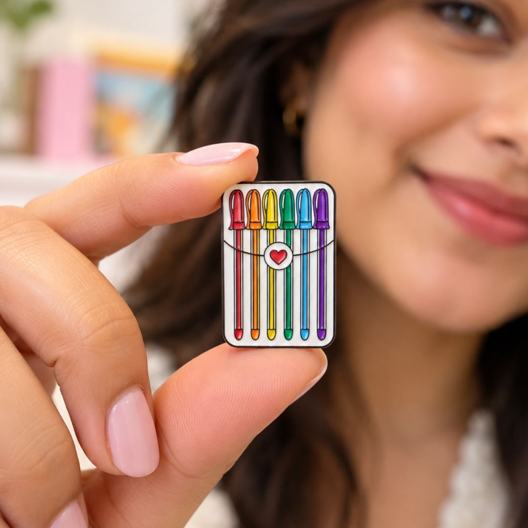Rainbow Gel Pens Lapel Pin – Colourful Stationery Enamel Pin - Image 2