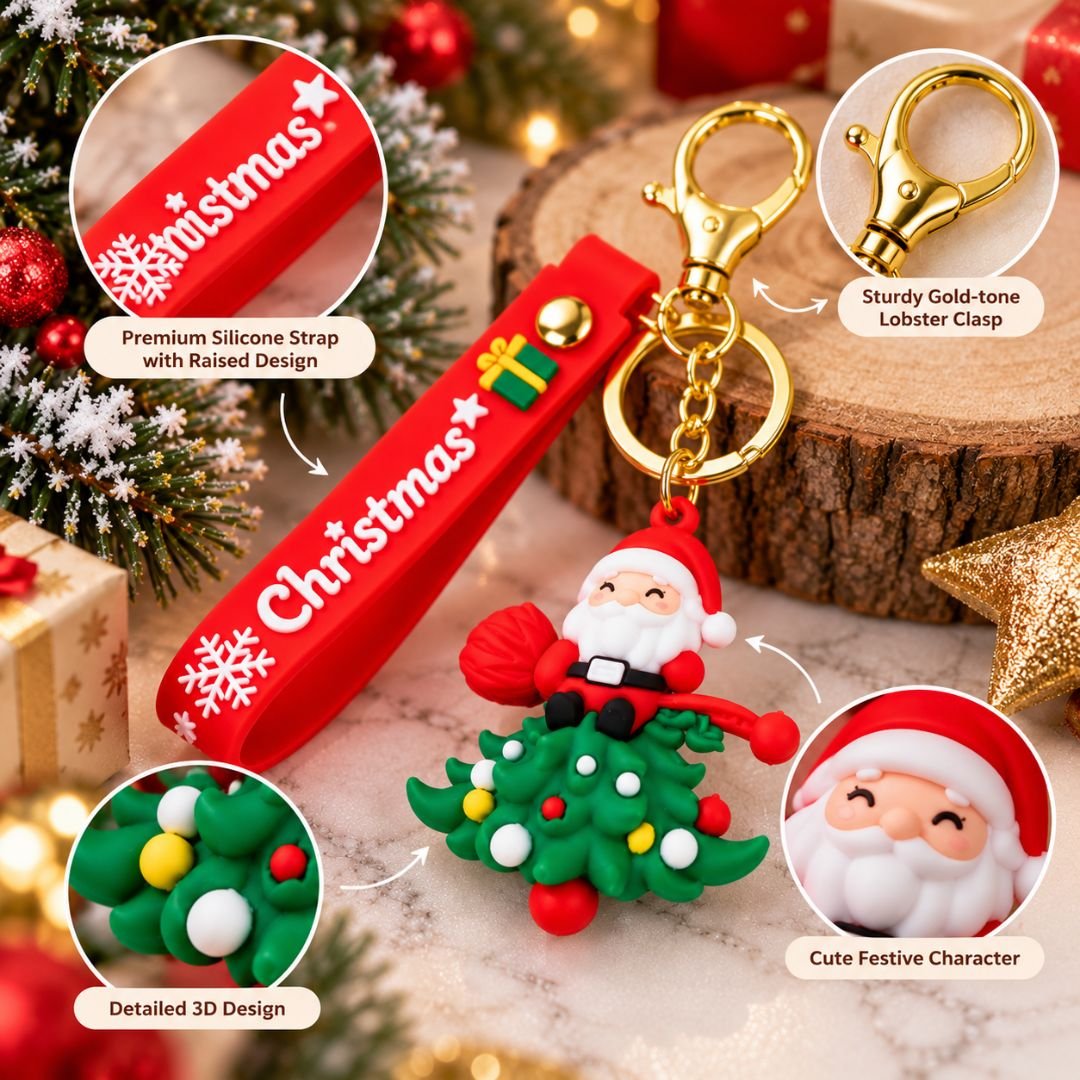 Santa riding Christmas tree keychain