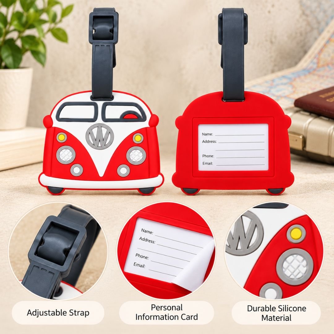 Vintage Van Silicone Luggage Tag – Red and White Camper Van Suitcase Tag - Image 4