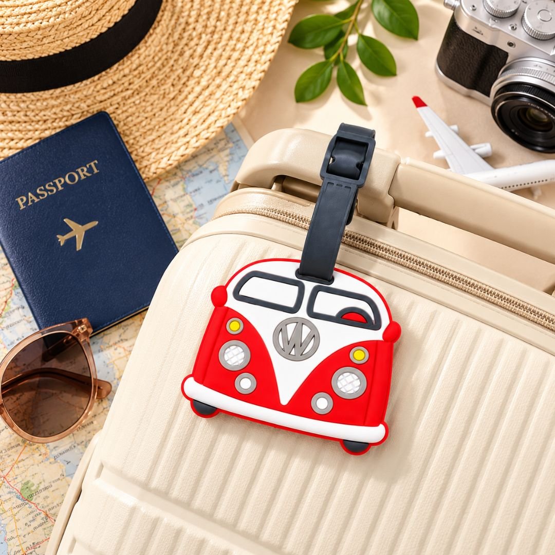 Vintage Van Silicone Luggage Tag – Red and White Camper Van Suitcase Tag - Image 2