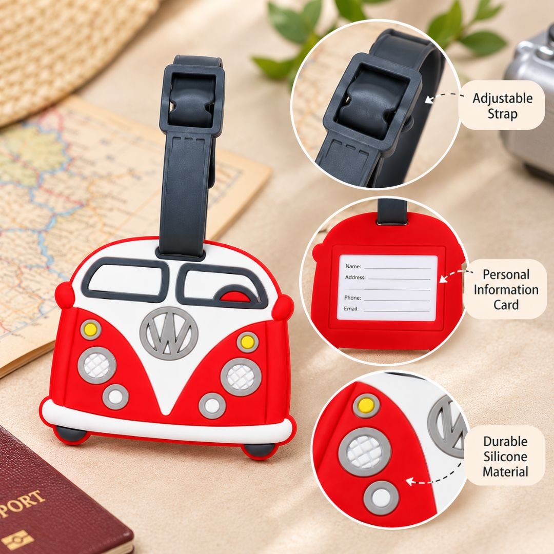 Vintage Van Silicone Luggage Tag – Red and White Camper Van Suitcase Tag - Image 3